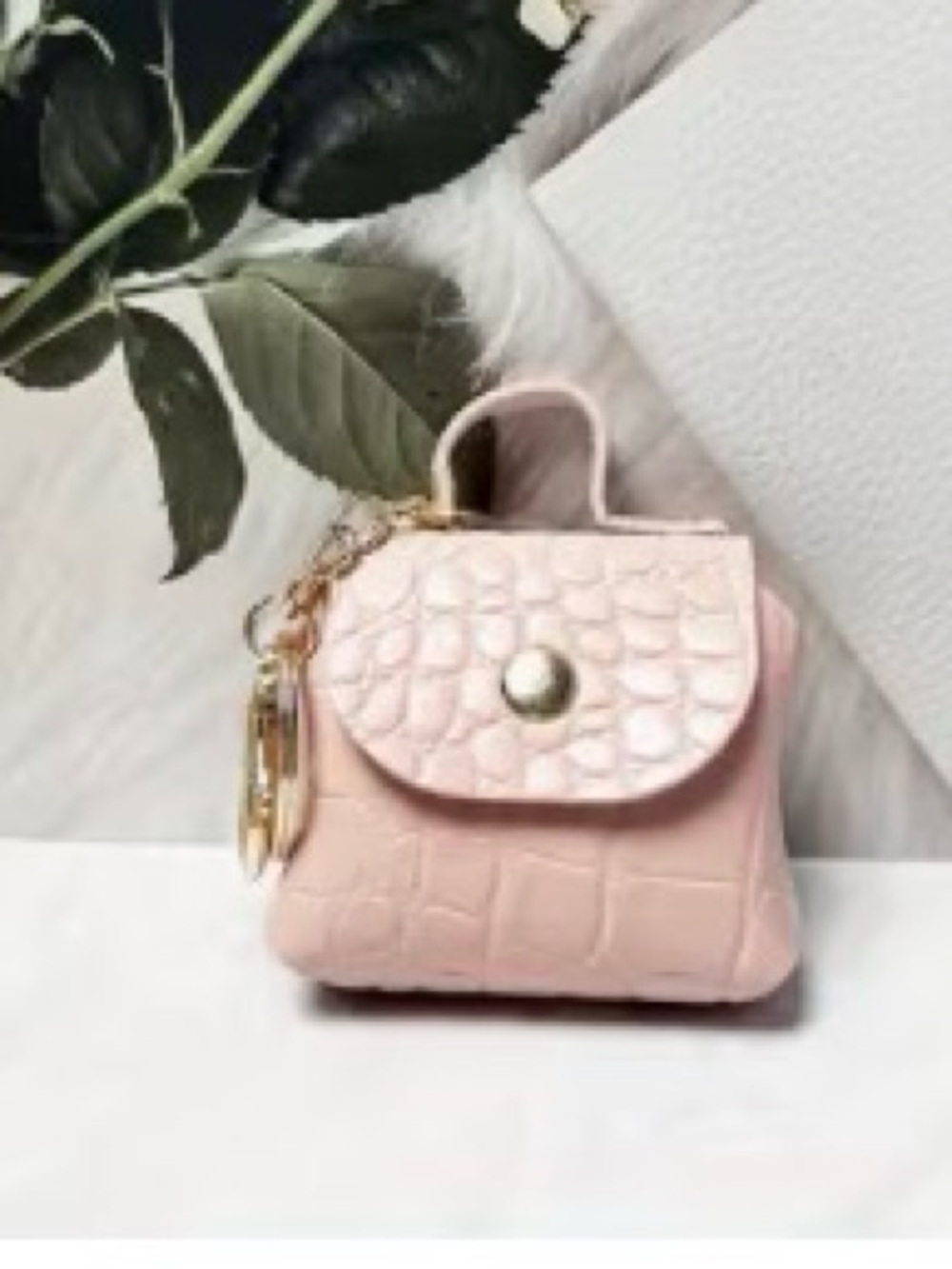 Pink Croc-Embossed Mini Handbag Keychain with Gold Hardware